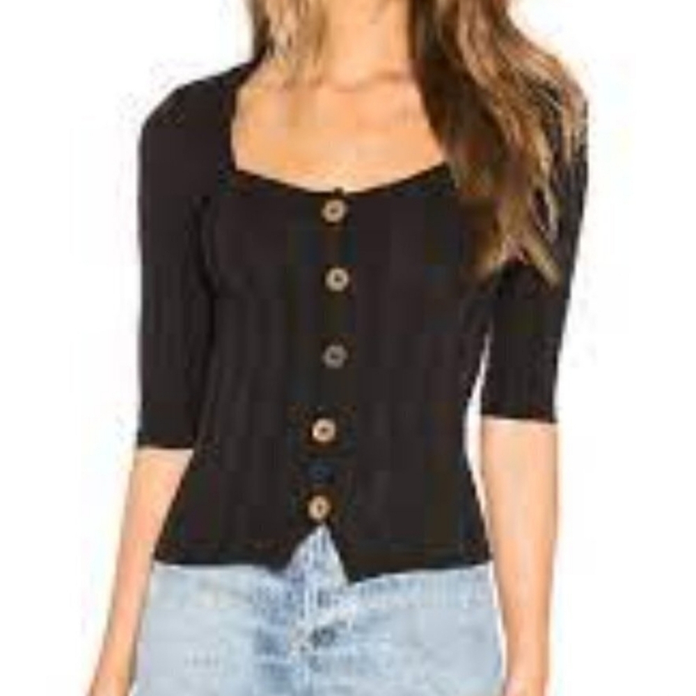 Free People Central Park Black Button Front Square Neck Ribbed Knit Shirt 🖤